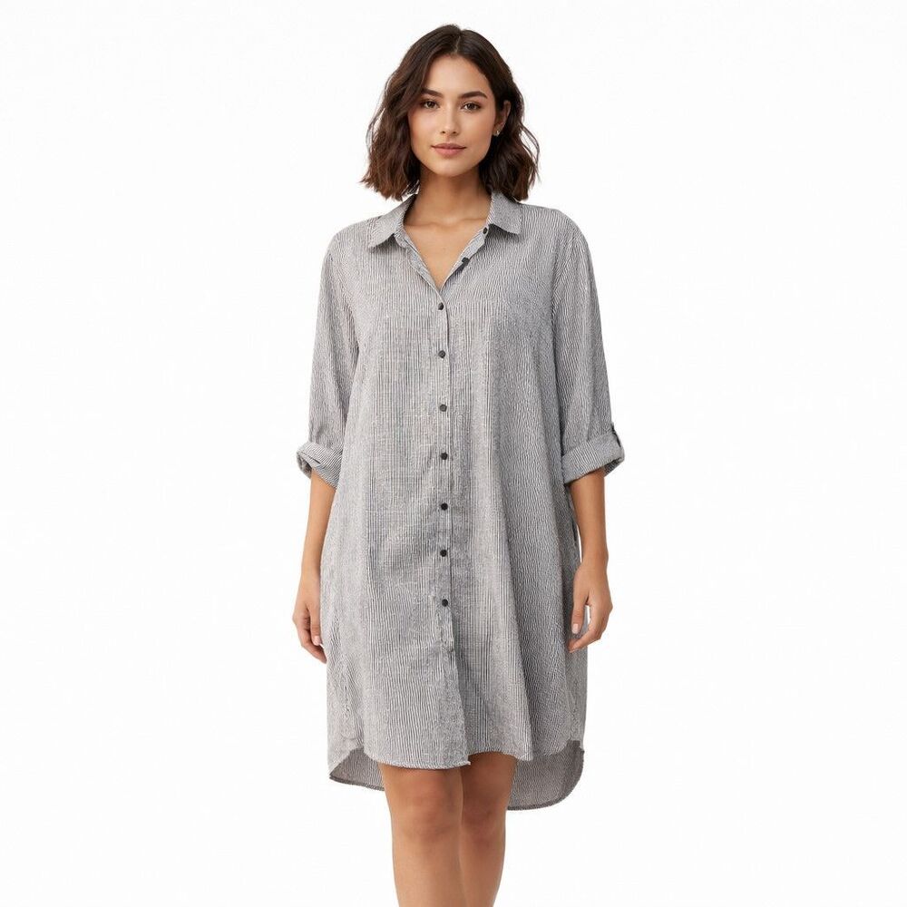 Mlle Gabrielle Dress Womens Large Gray Striped Collared Shirt Dress 3/4 Sleeve